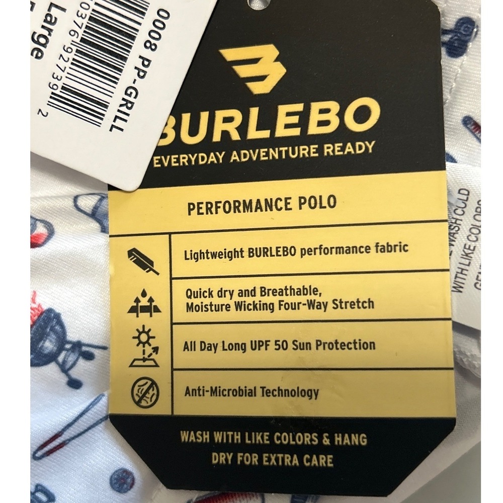 Burlebo Mens Performance Polo Shirt Large White BBQ Grill Print UPF 50 NWT - Picture 7 of 12